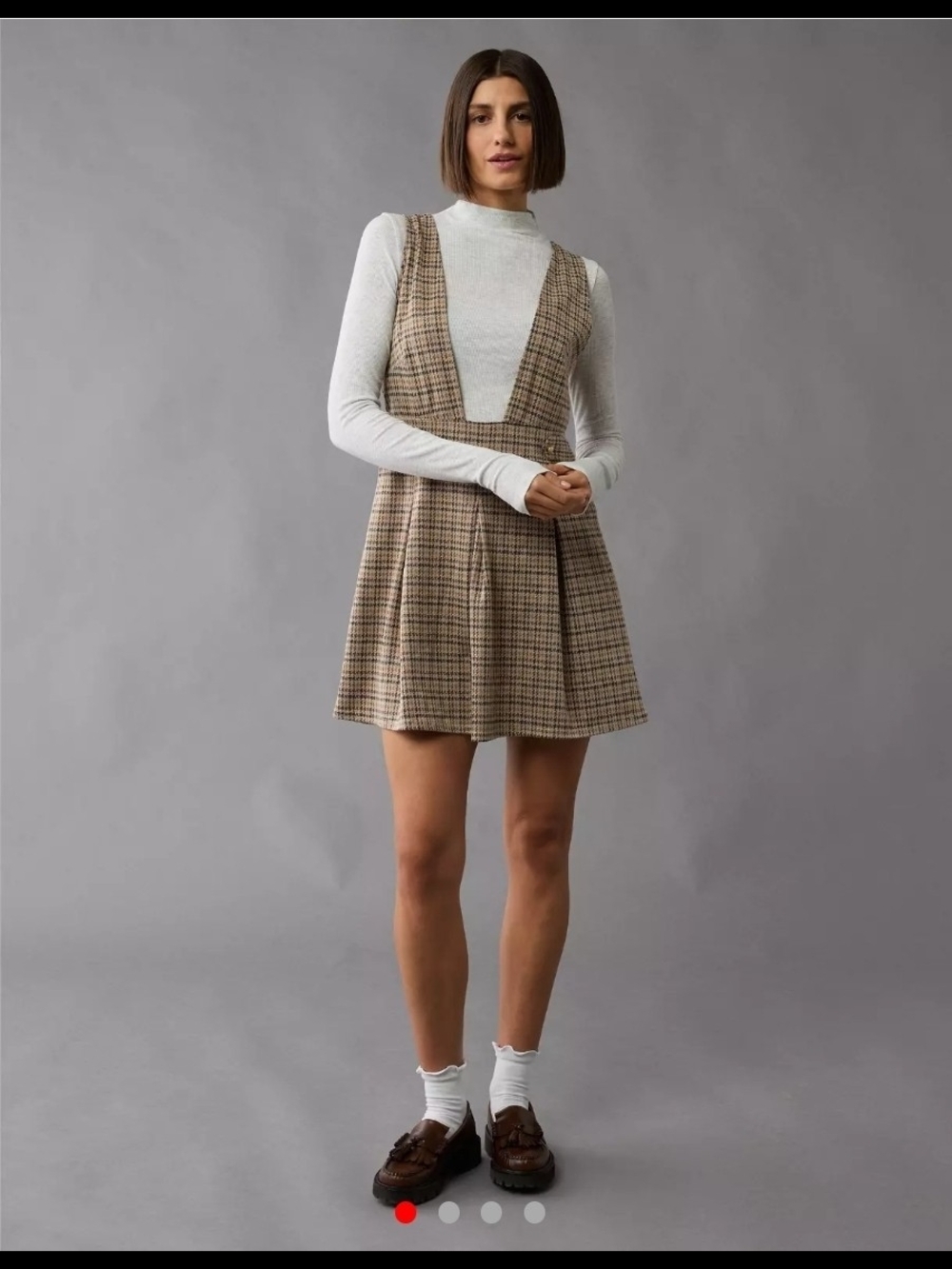 American Eagle Outfitters Plaid Backless Pinafore Dress in Beige and Brown XS